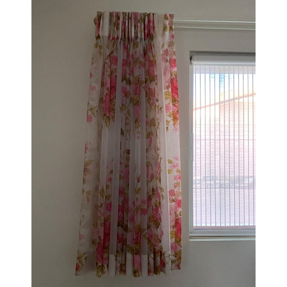 Vintage 1950s Drapes Curtains Weighted Corners Gauzy White Rose Pattern 48"x44"
